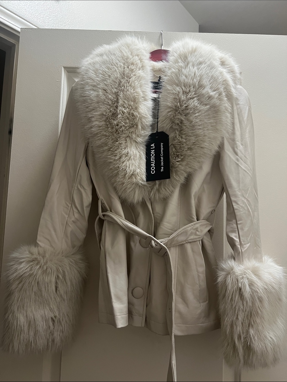 NWT Coalition LA Ivory Faux Leather Fur Trim Belted Jacket